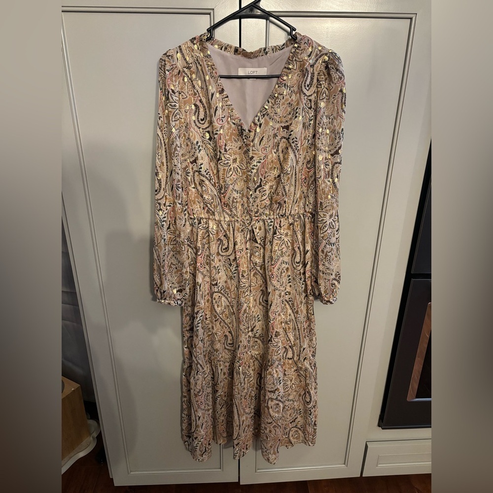 LOFT Midi Dress Shimmer Paisley Gold & Neutral M